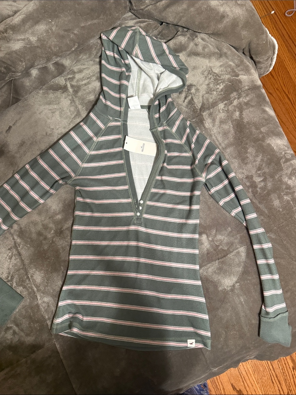 Hollister Striped Hooded Henley in Sage Green and Pink